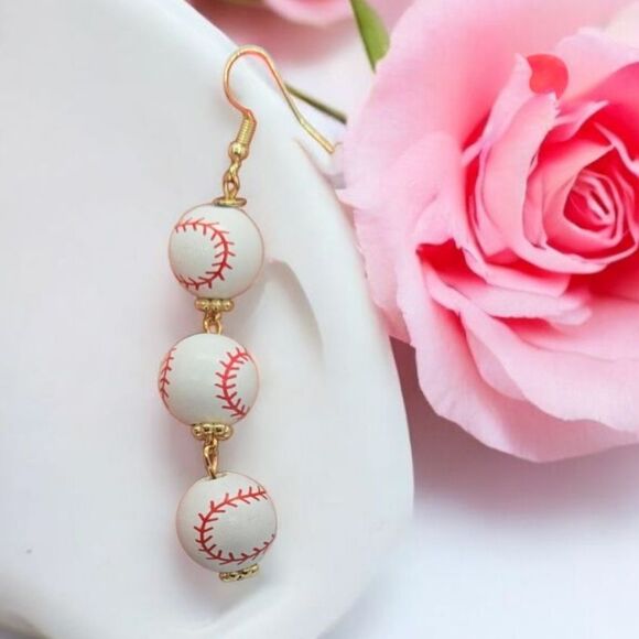 Baseball Charm Earrings Women's Round Wood Dangle Hook Jewelry Pierced Sport Fan - Picture 4 of 5